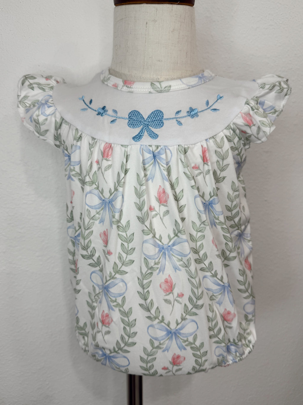 Embroidered Bow Bubble Romper with Snaps