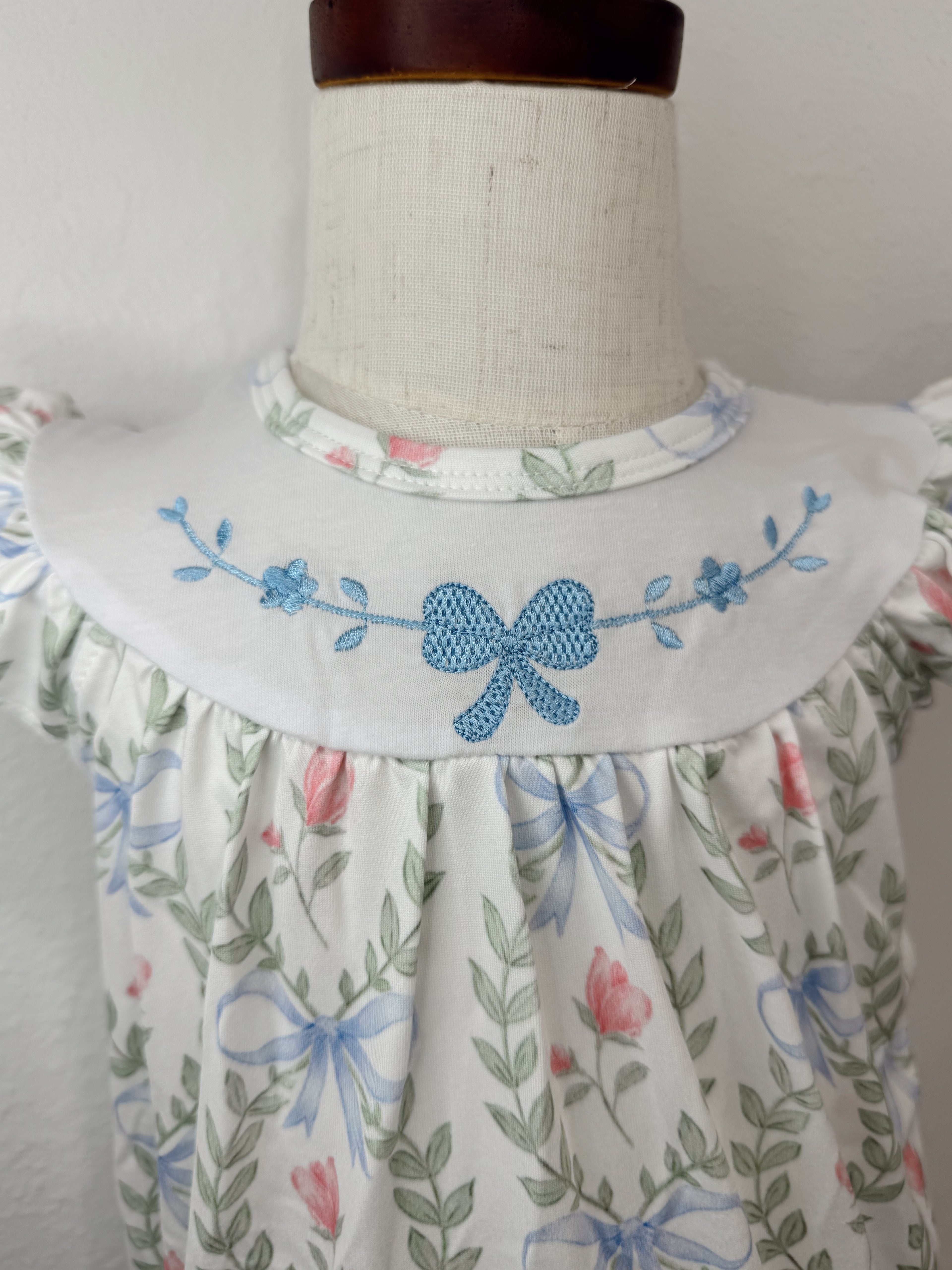 Embroidered Bow Bubble Romper with Snaps
