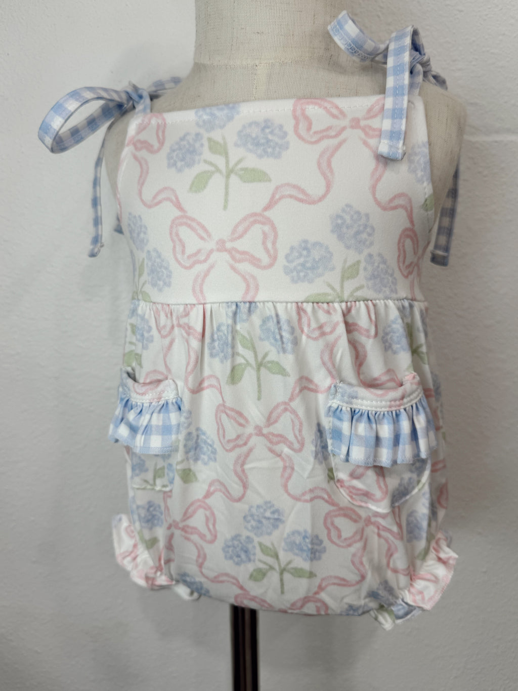 Bow Bubble Romper With Tie Straps and Snaps