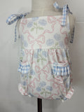 Bow Bubble Romper With Tie Straps and Snaps