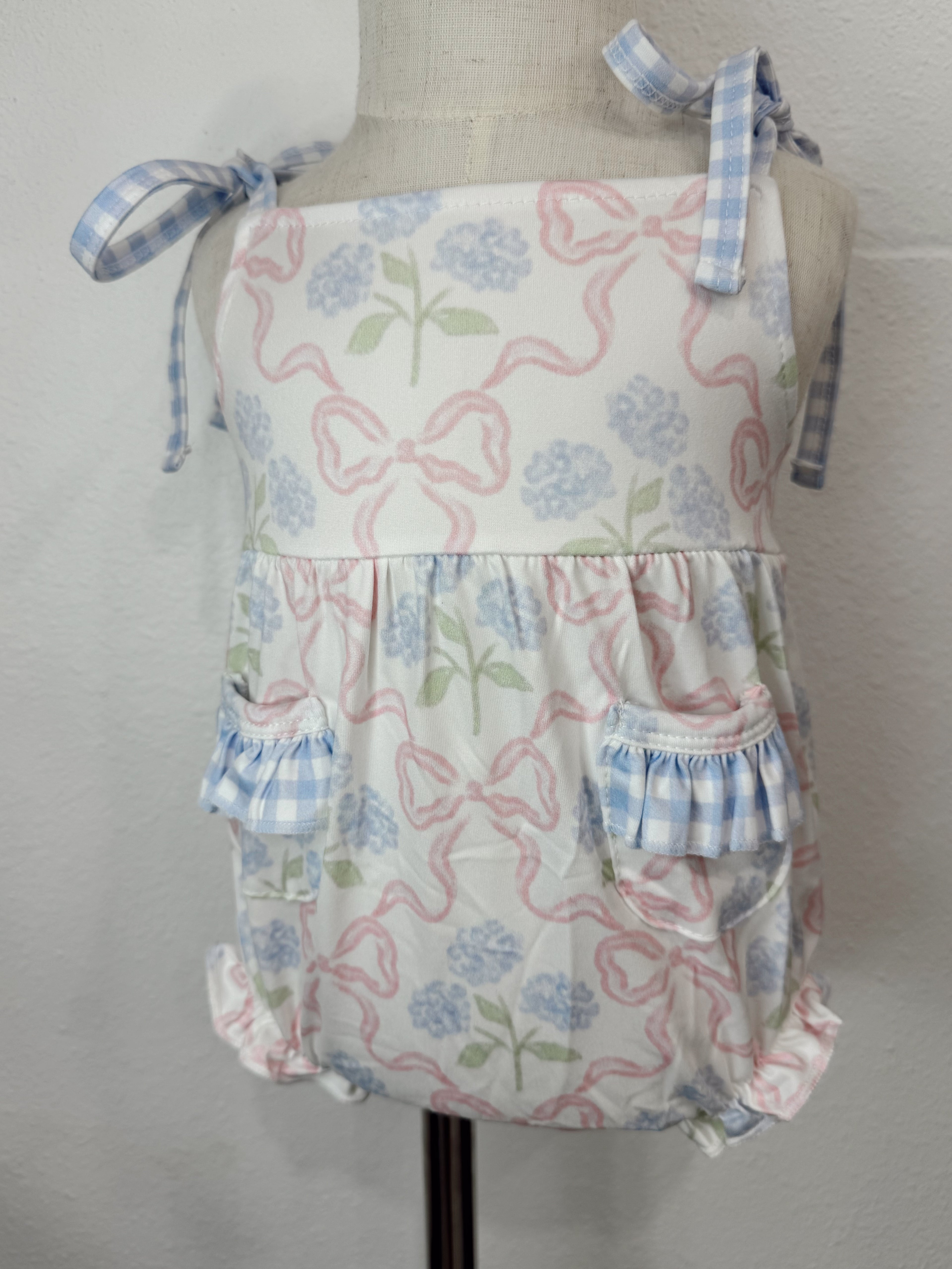 Bow Bubble Romper With Tie Straps and Snaps