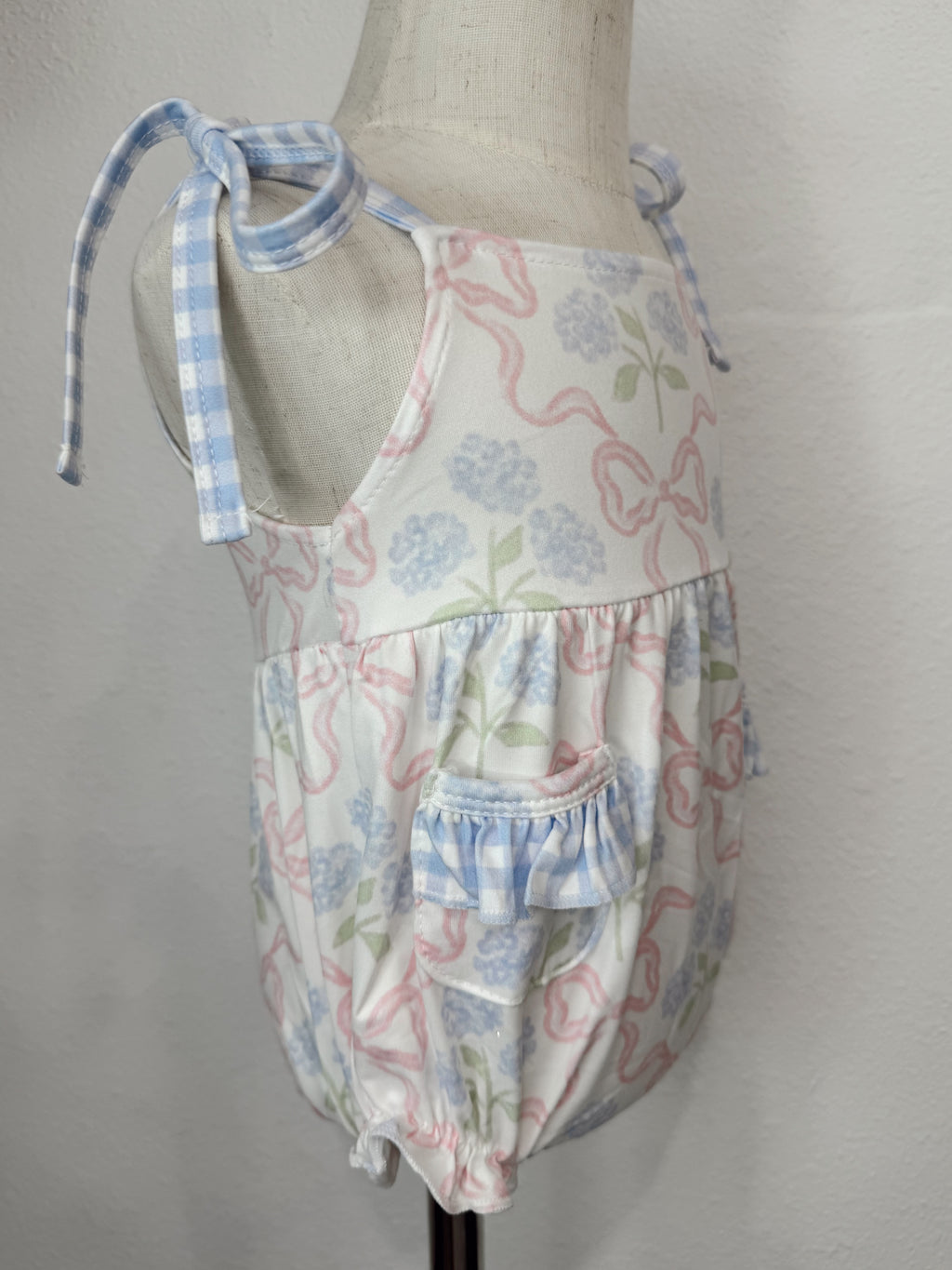 Bow Bubble Romper With Tie Straps and Snaps
