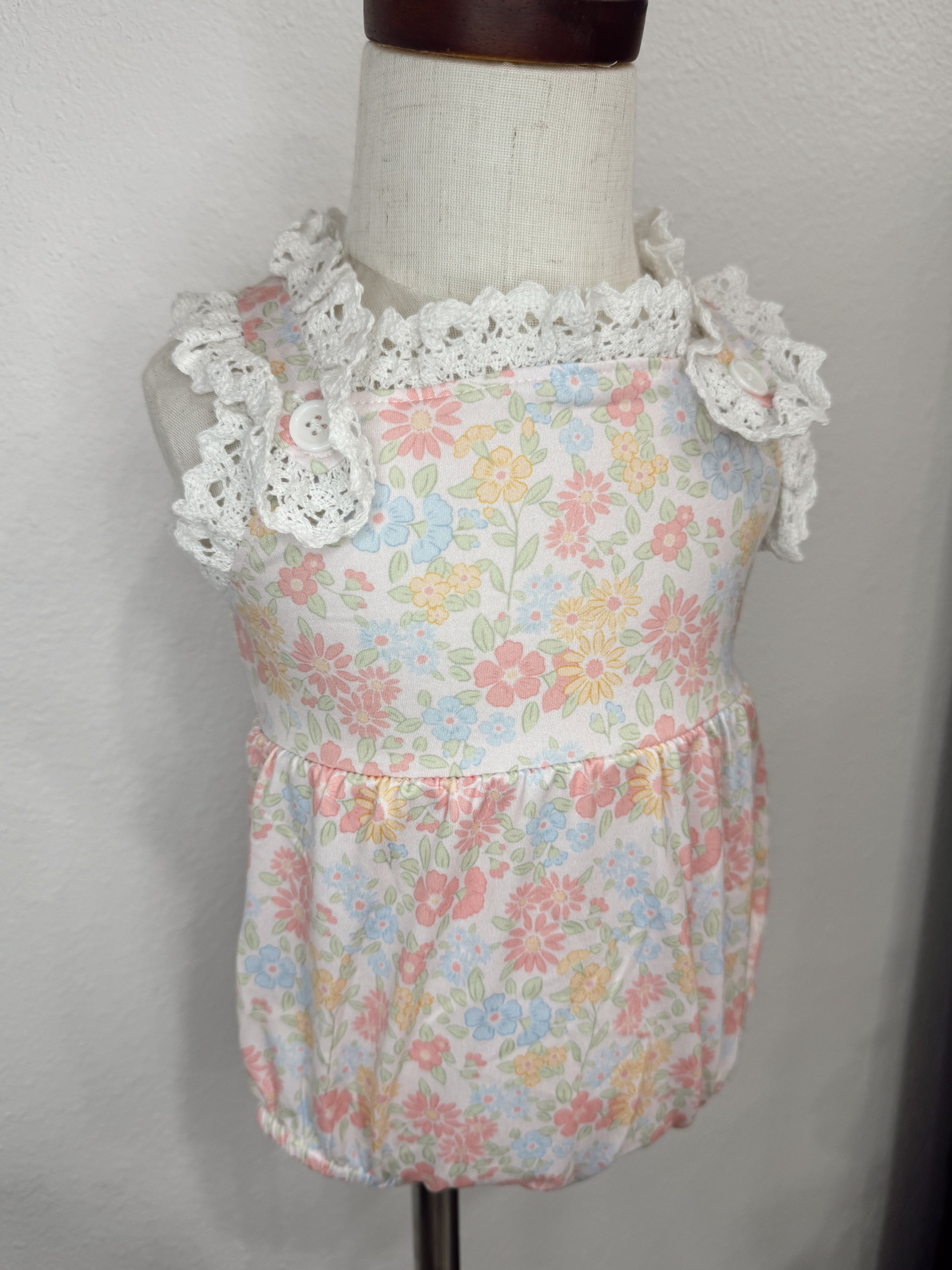 Floral and Lace Bubble Romper with Button Straps and Snaps