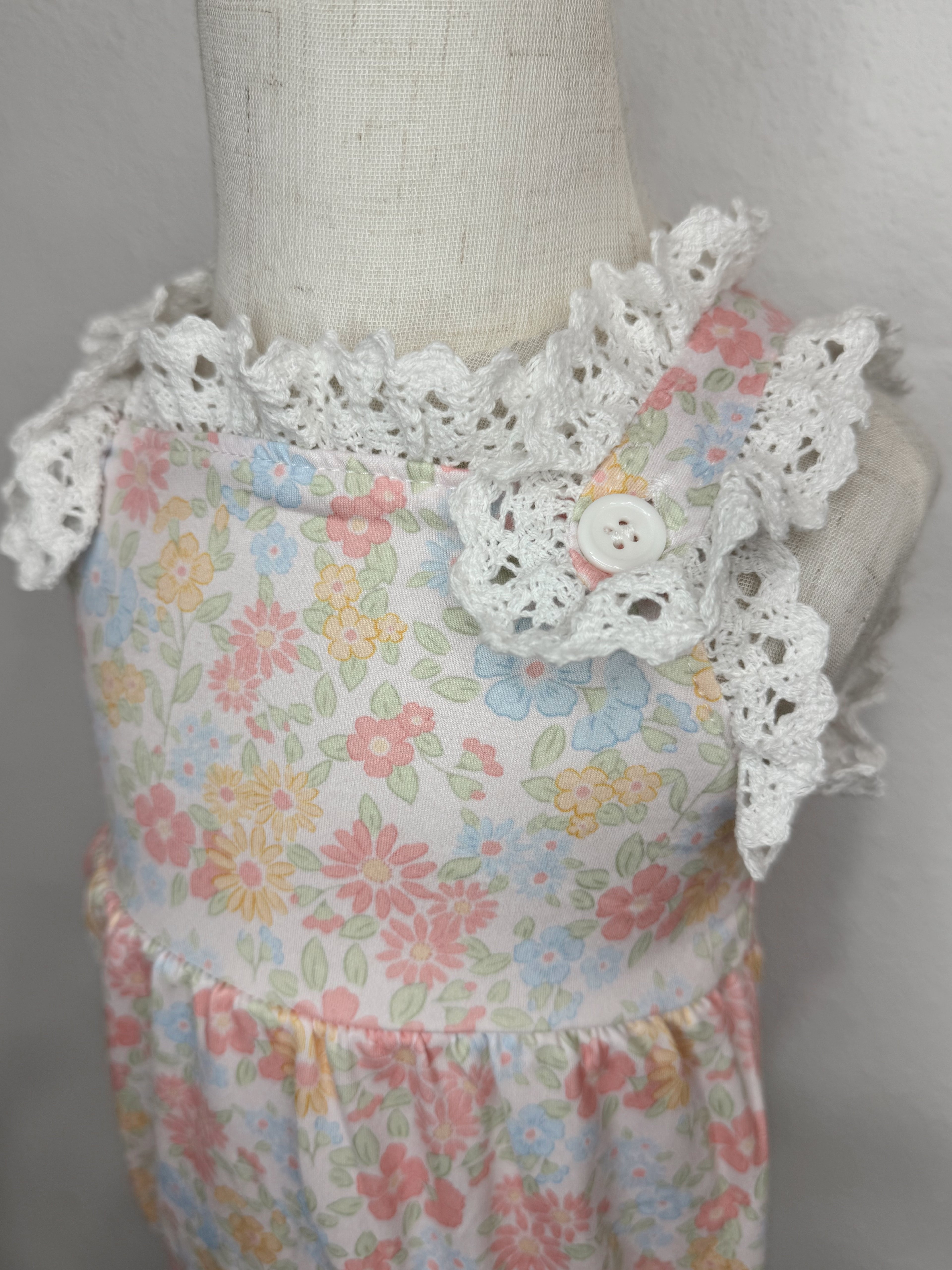 Floral and Lace Bubble Romper with Button Straps and Snaps