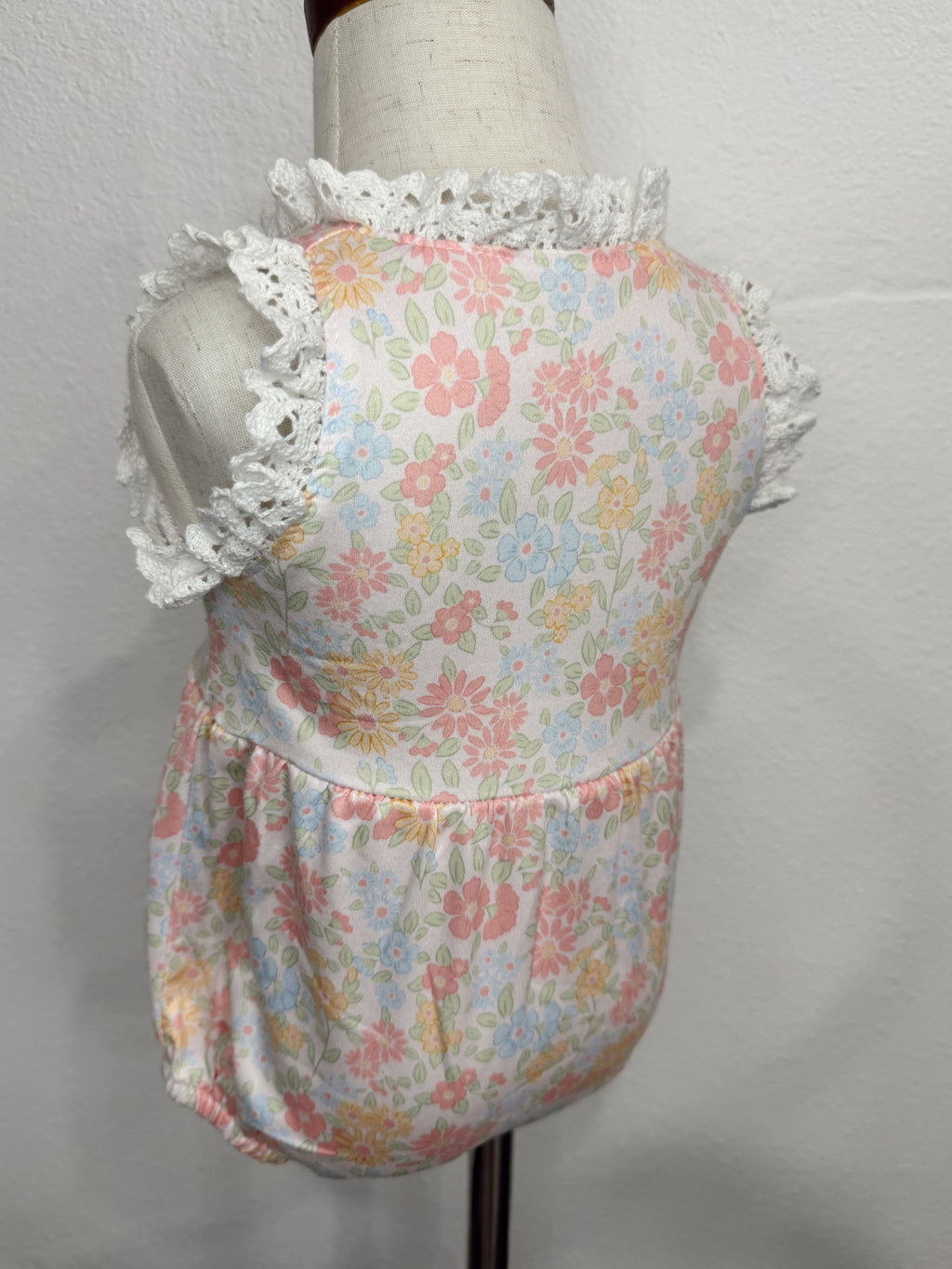 Floral and Lace Bubble Romper with Button Straps and Snaps